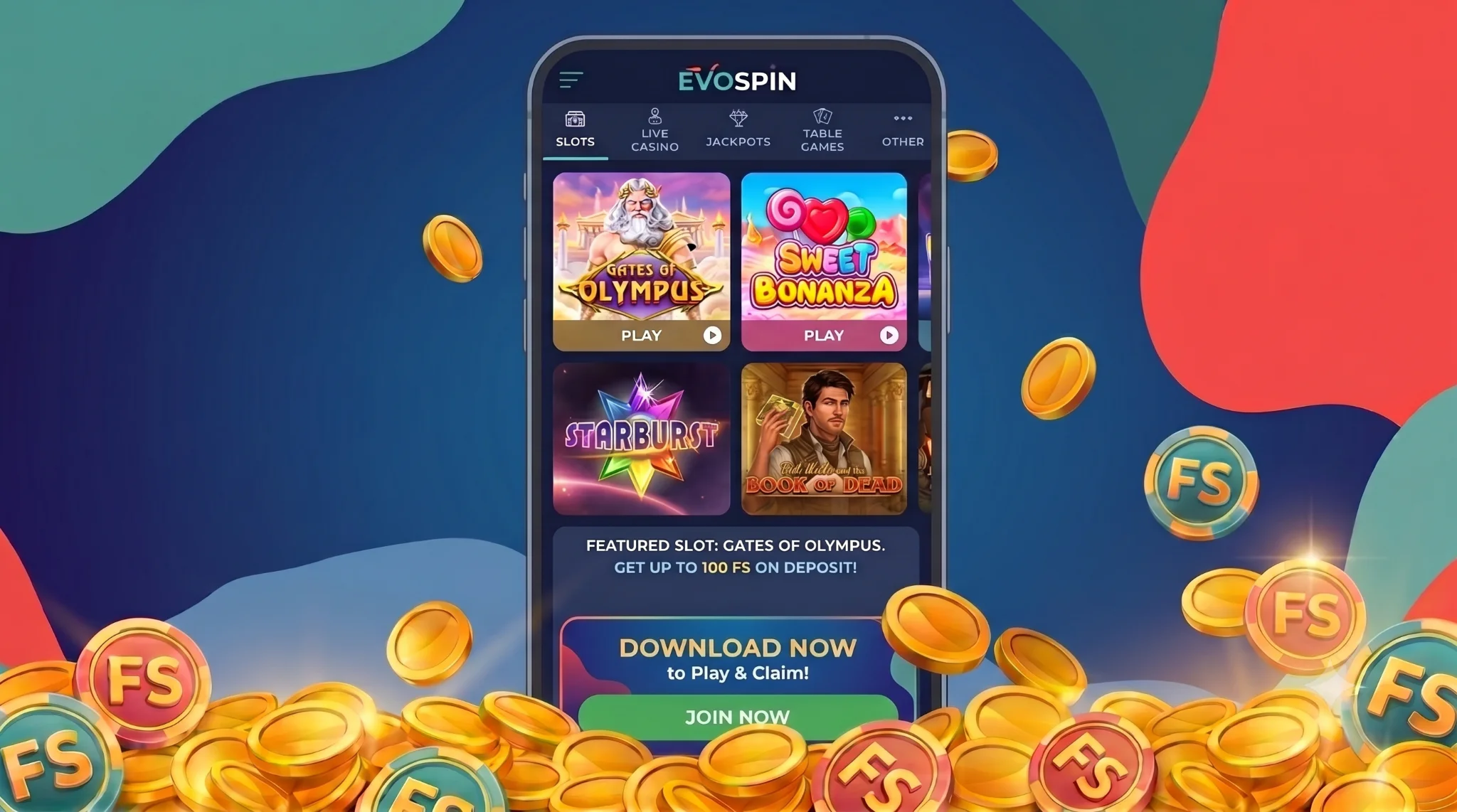 Mobile casino lobby and game selection screen running on the Evospin platform